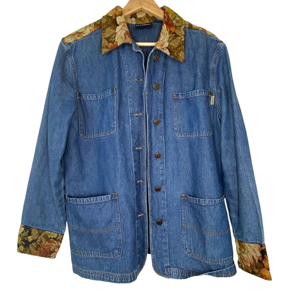 Vintage 80s 90s Blassport Womens Embroidered Denim Jean Jacket Floral Collar - S